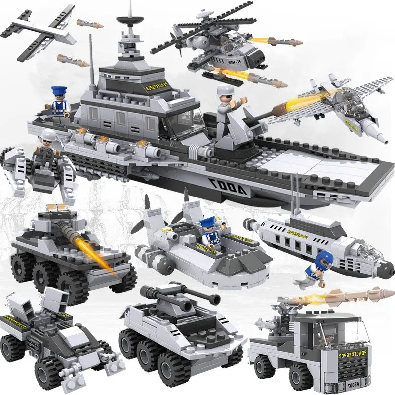 

732Pcs 8In1 Military Battleship Model Building Blocks Aircraft Fighter Compatible Legoings Bricks WW2 Tank Armed Weapon for Kids
