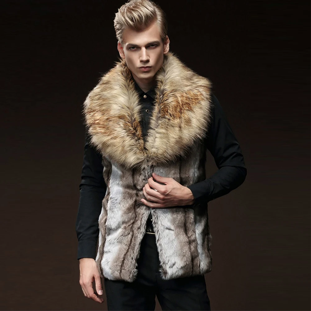 Новое мужское меховое пальто, зимний мужской жилет с искусственным мехом кролика Рекс, меховой воротник, утепленный HN146