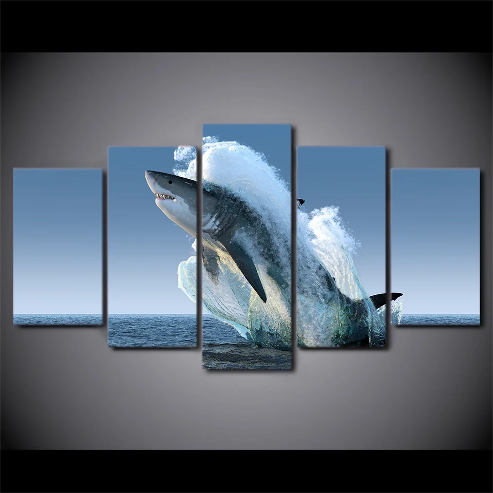 

Modern HD Printed Wall Art Frame Canvas Pictures 5 Pieces Sea Surface Animal Jumping White Shark For Living Room Painting Poster
