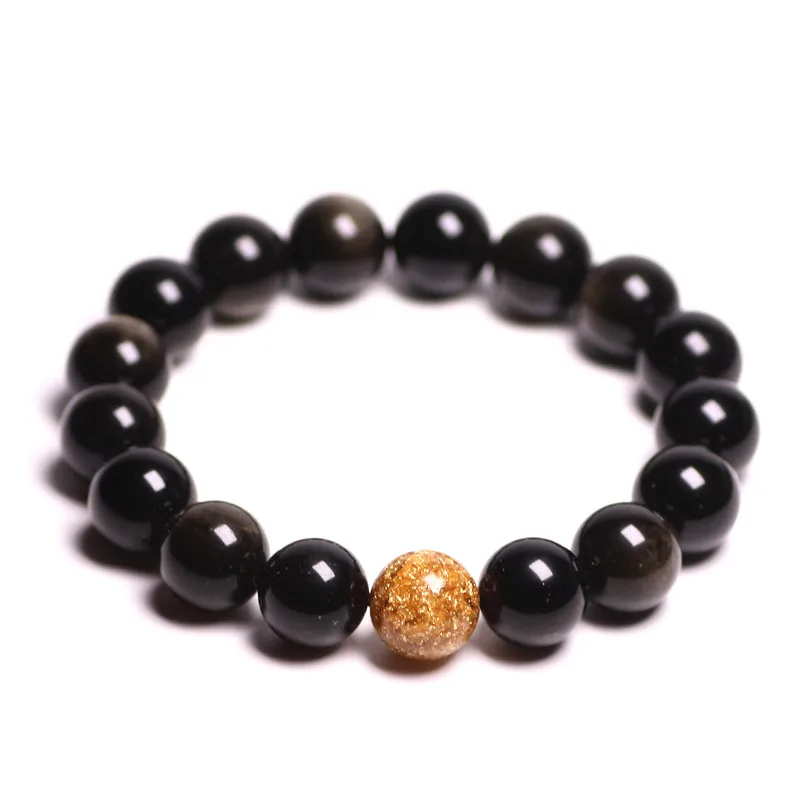 

Natural Gold Obsidian Stone Jades Bracelet Gold foil Round Beads Bracelet Bangles lovers' Gift for Men Women's Jades Jewelry