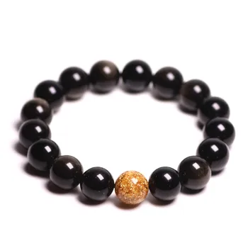 

Natural Gold Obsidian Stone Jade Bracelet Gold foil Round Beads Bracelet Bangles lovers' Gift for Men Women's Jade Jewelry