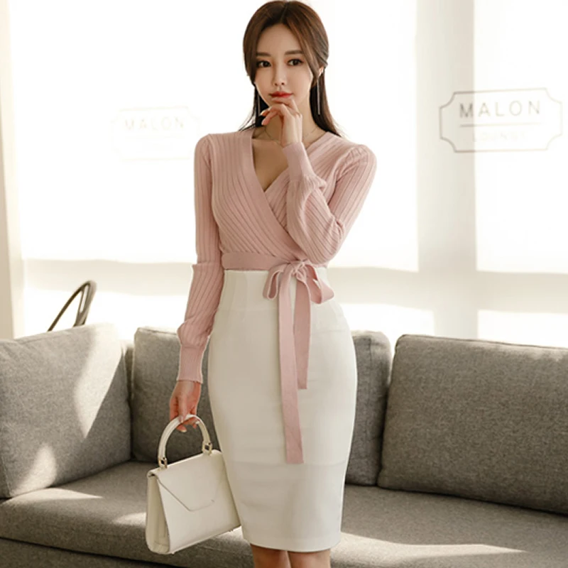 

2019 Spring V-Neck Long Sleeve Sashes Knitted Sweater Top White Pencil Bodycon Skirt Two Piece Casual Set Dress