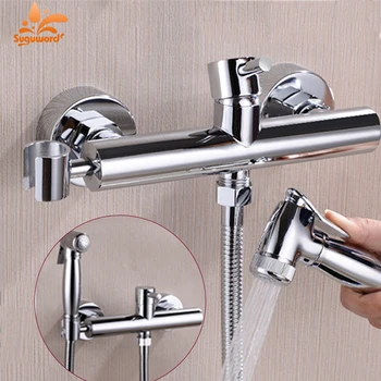 

Suguword Chrome Bidet Faucet Bathroom Accessories Toilet Flush Dual holes Wall Mounted Free Press