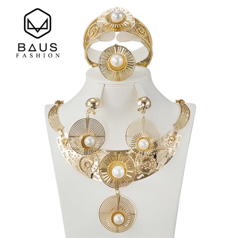

BAUS 2018 Italian fashion jewelry set Africa Bead Ethiopia Flower shape design Necklace Bracelet Earrings Dubai gold jewelry set