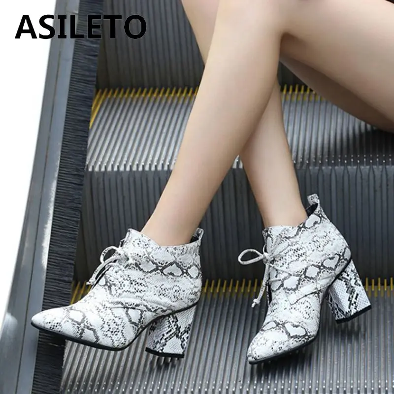 

ASILETO ladies snake boots pointed toe square high heels Chelsea ankle boot studded cross tied short booties mujer bottines