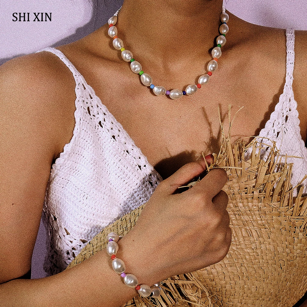 SHIXIN Boho красочное жемчужное ожерелье из бисера для женщин модное корейское овальное/Сердце колье ожерелье украшение на шею ювелирные изделия