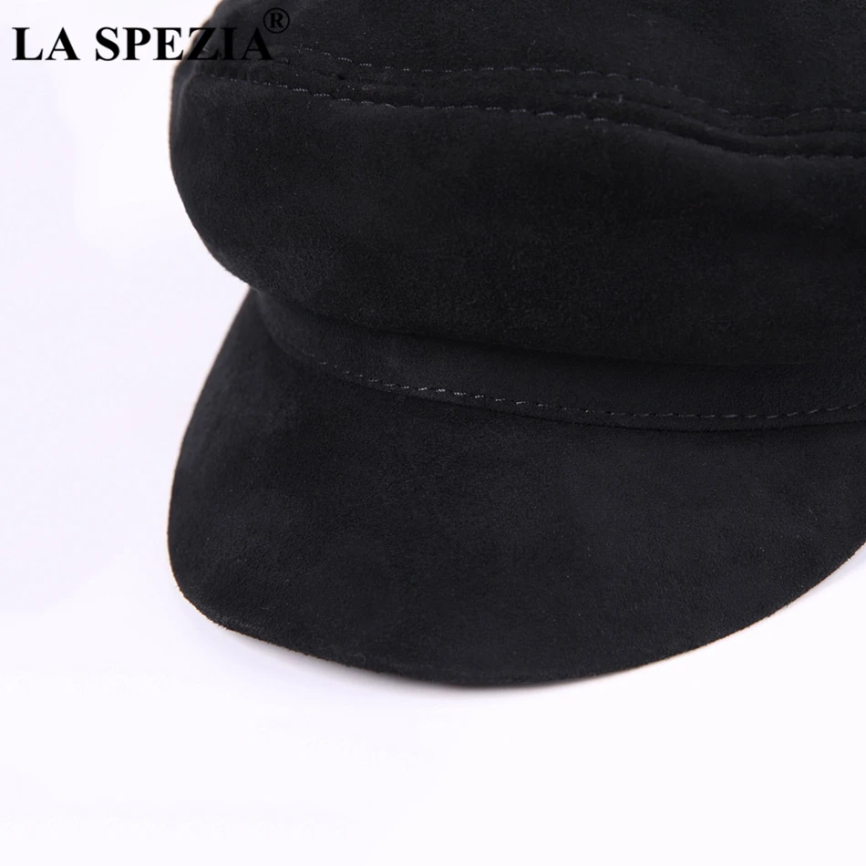 LA SPEZIA Genuine Leather Cap Men Newsboy Military Hats Vintage Women Gatsby Caps Black Classic Flat Hats Luxury Italian Brand