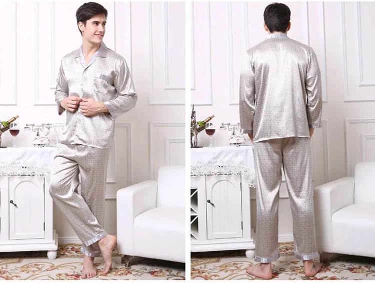 mens satin pajama set Men's Long Sleeve Silk Homewear Male Spring Summer Long Sleeves Pyjamas Lapel Handsome Luxurious Silk Nightwear 2pcs D-2183 soft cotton pyjamas