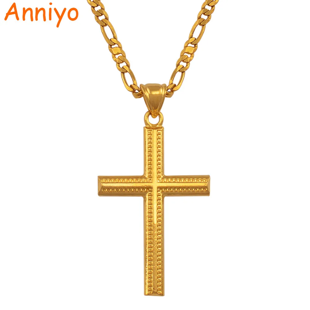 Anniyo Women Cross Gold Color Charms Pendant Necklace for Men Fashion Christian Jewelry Factory Wholesale Crucifix God #066102 | Украшения