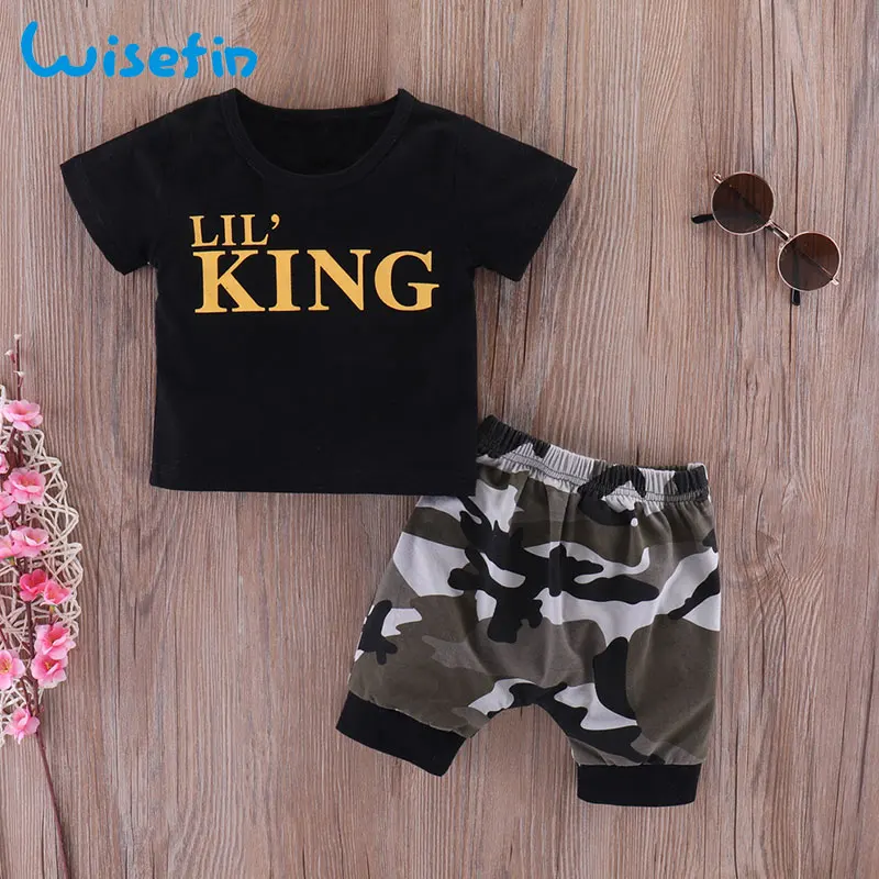 

Wisefin Newborn Baby Boys Clothes Set Short Sleeve Infants And Toddler Clothing Black Tops + Camo Pant 2Pcs Newborn Baby Outfits