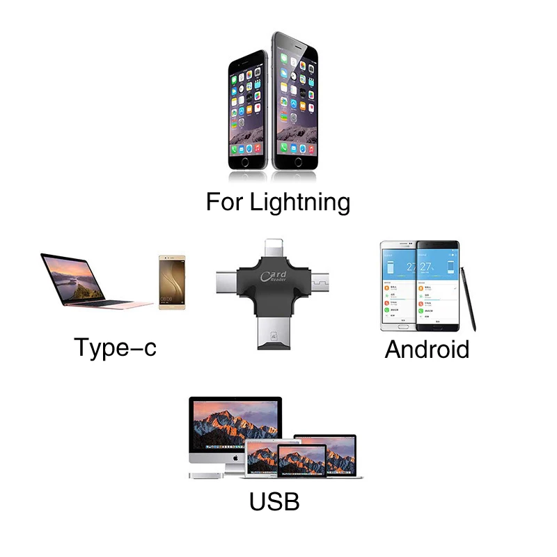 4 в 1 кардридер usb type-C Micro USB Micro SD кард-ридер для iphone 7 plus 6s 5s для iPad MacBook Android OTG TF считыватель SD карт