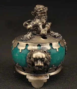 

SUPERB DECORATED HANDWORK OLD COPPER JADE CARVED LION WONDERFUL INCENSE BURNER