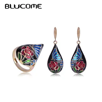 

Blucome Vintage D Hooks Large Water Drop Earrings Rings Set Red Rose Flower Enamel Lady Women Jewelry Sets Party Holiday Bijoux
