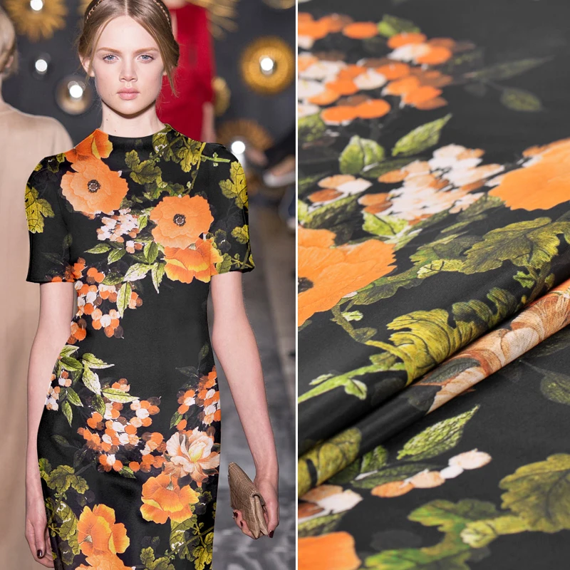 

110CM Wide 30MM Orange Floral Black Heavy Silk Crepe de Chine Fabric for Blouse Dress Cheongsam Pants Shirt J027
