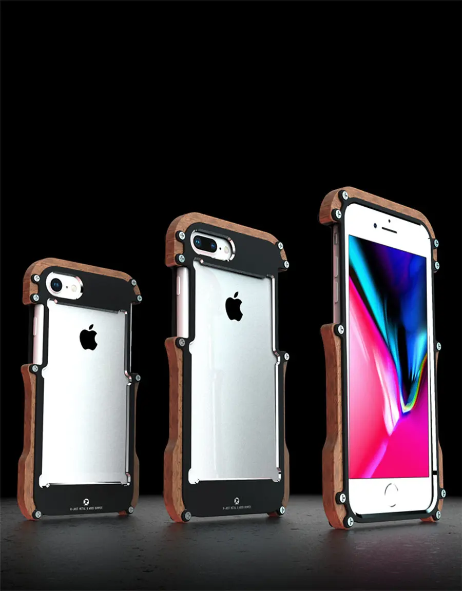 R-just Wood Case For iPhone 8 7 Plus Shockproof Case Metal Frame Bumper Cover For iPhone 8 Plus Case Aluminum Shell (14)