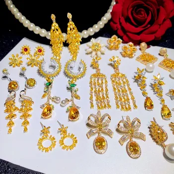 

S925 Silver Needles Drop Earrings For Women Vintage Yellow Cubic Zirconia Bee Flower Hyperbole Long Tassels Earring Fine Jewelry