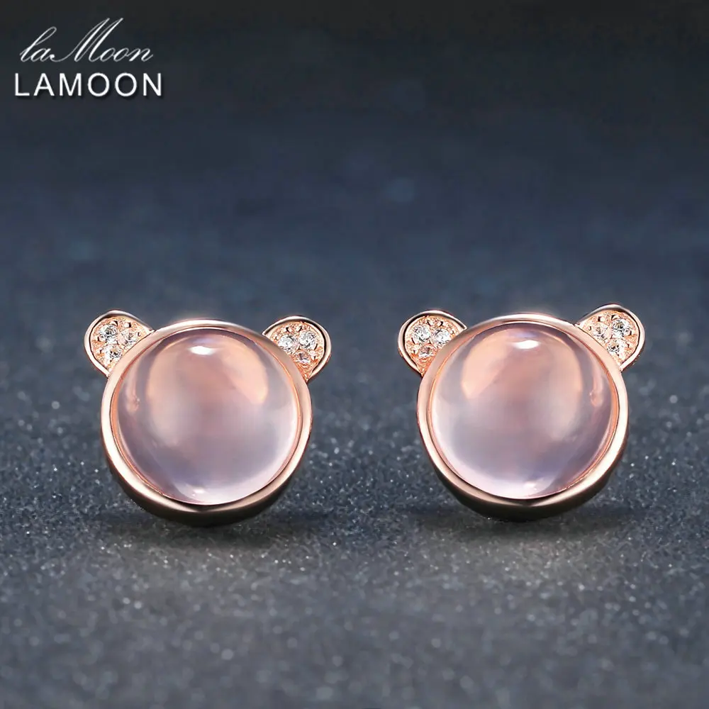 

LAMOON Lovely Bear 100% Natural Gemstone Rose Quartz 925 sterling-silver-jewelry Stud Earring S925 LMEI042
