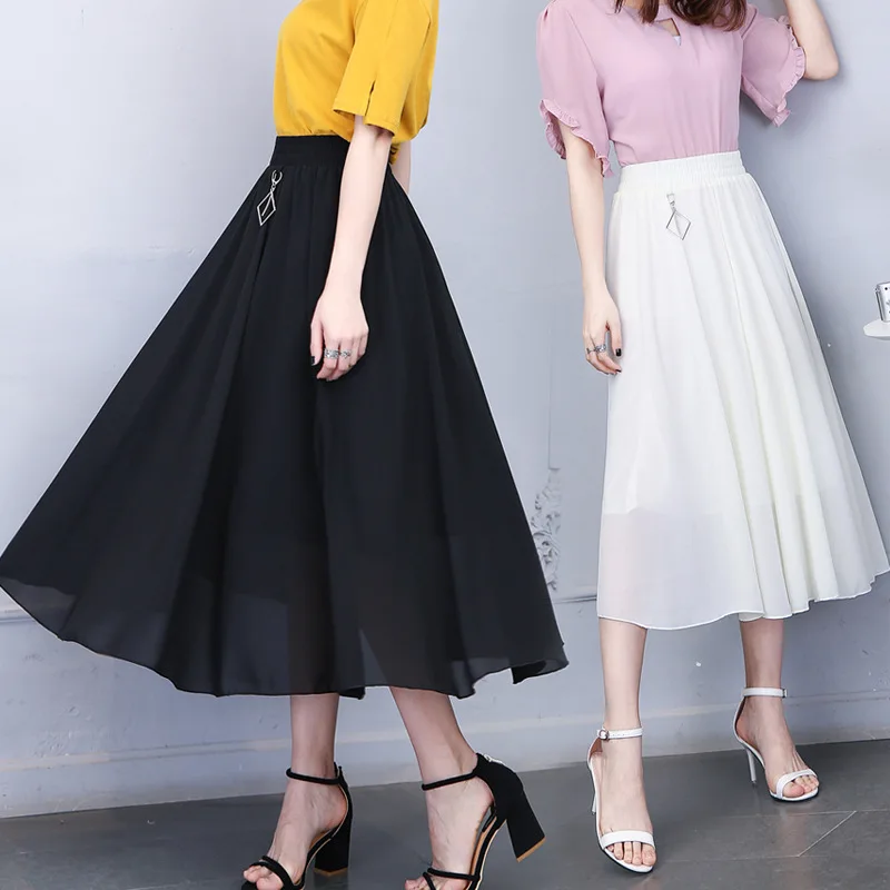 Летняя Новинка стильная шифоновая юбка Женская длинная юбка длиной до щиколотки эластичная плиссированная юбка с высокой талией