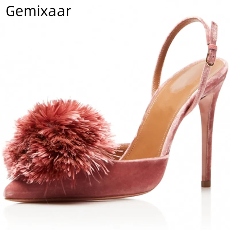

Fur Pompoms Sandals Shoes Women Narrow Buckle Slim Shallow High Stiletto Heels Footwear Pointed Toe Decor Pompoms Sandals 42