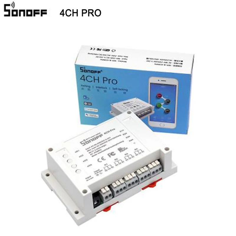 Online Sonoff 4CH Pro R2 inteligente Wifi interruptor de RF de 433MHz Wifi interruptor de la luz 4 3 modos de trabajo empujando de enclavamiento de casa inteligente con Alexa.