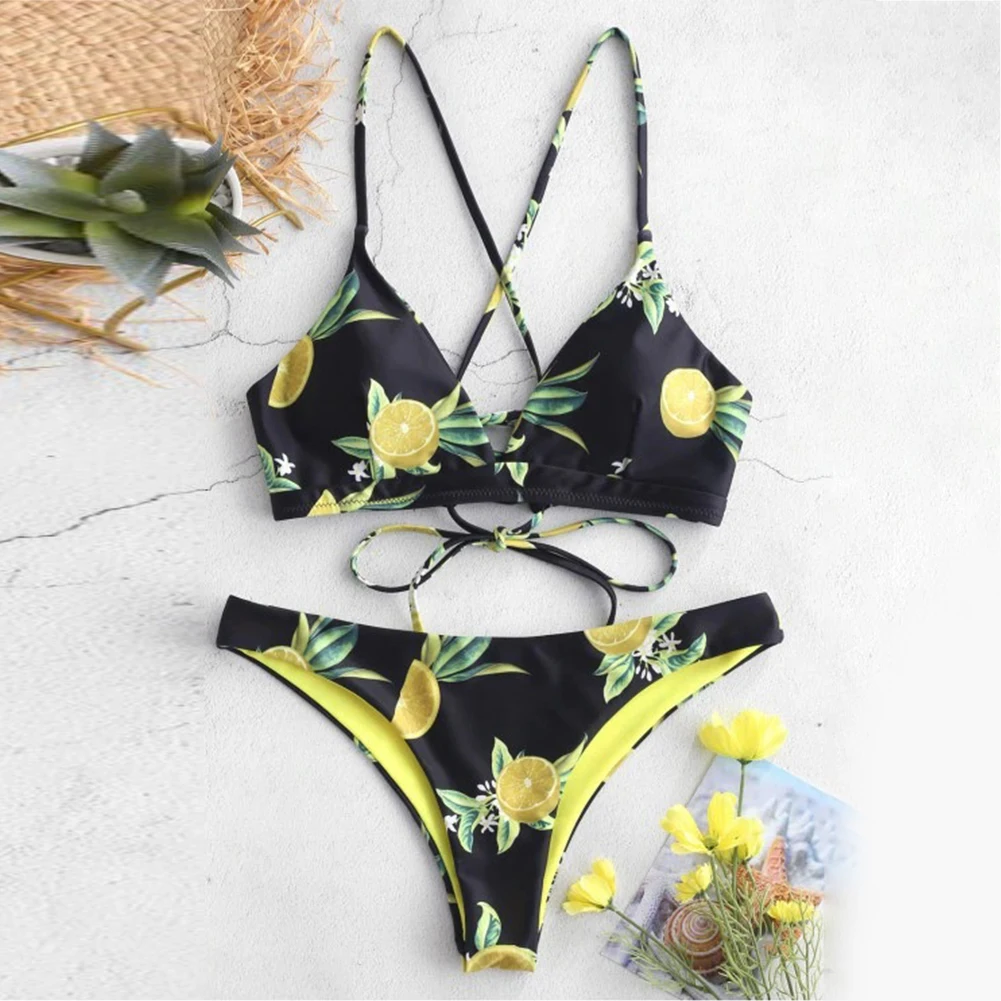 

Women Sexy Backless Swimming Criss Cross Beach Triangle Cup Sling Bikini Set High Waist Adjustable Adults Orange Print Two Piece