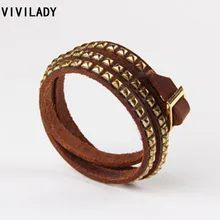 VIVILADY Винтаж золото Цвет панк кожаный браслет в подарочной упаковке унисекс Для мужчин Для женщин ювелирные изделия