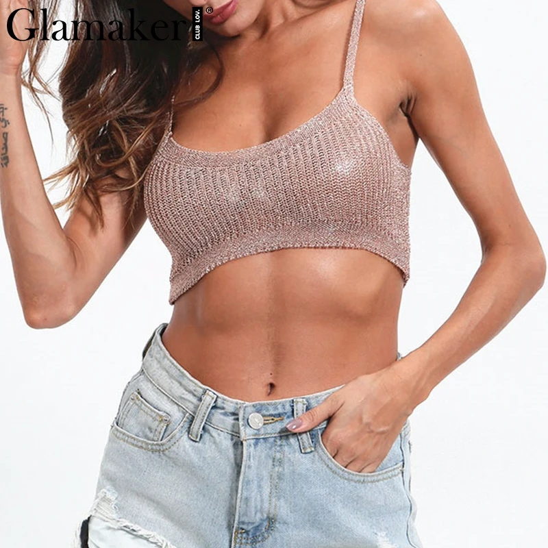 

Glamaker Gold metal knitting sexy chic cami tank top Women party club strap shinny autumn camisole Female summer crop top 2018