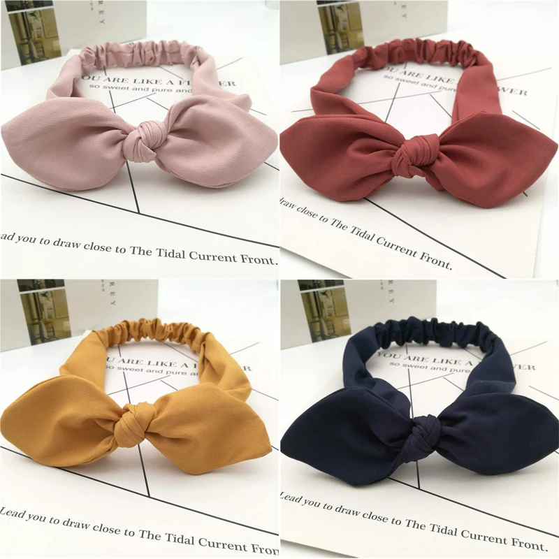 

Lovely Rabbit Ear Girls Head Band Hair Decoration Women Elastic Knot Bow Headwear Solid Color and striped Headdress Accessorie