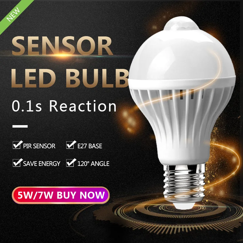 LED движения PIR Сенсор лампы E27 5 W 7 AC 220 V 240 белый 6000 K человеческого тела