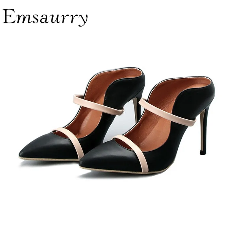 Ladylike Dress Shoes Black High Heeled Pumps Low Fronted Slingbacks Mules Pointy Toes Slip-on Shoes Woman