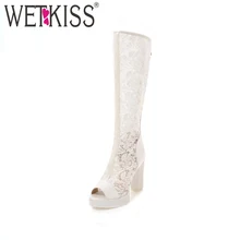 WETKISS/ г. Новые летние женские сапоги до колена обувь на платформе из искусственной кожи с открытым носком на молнии Весенняя модная женская обувь на высоком каблуке со шнуровкой