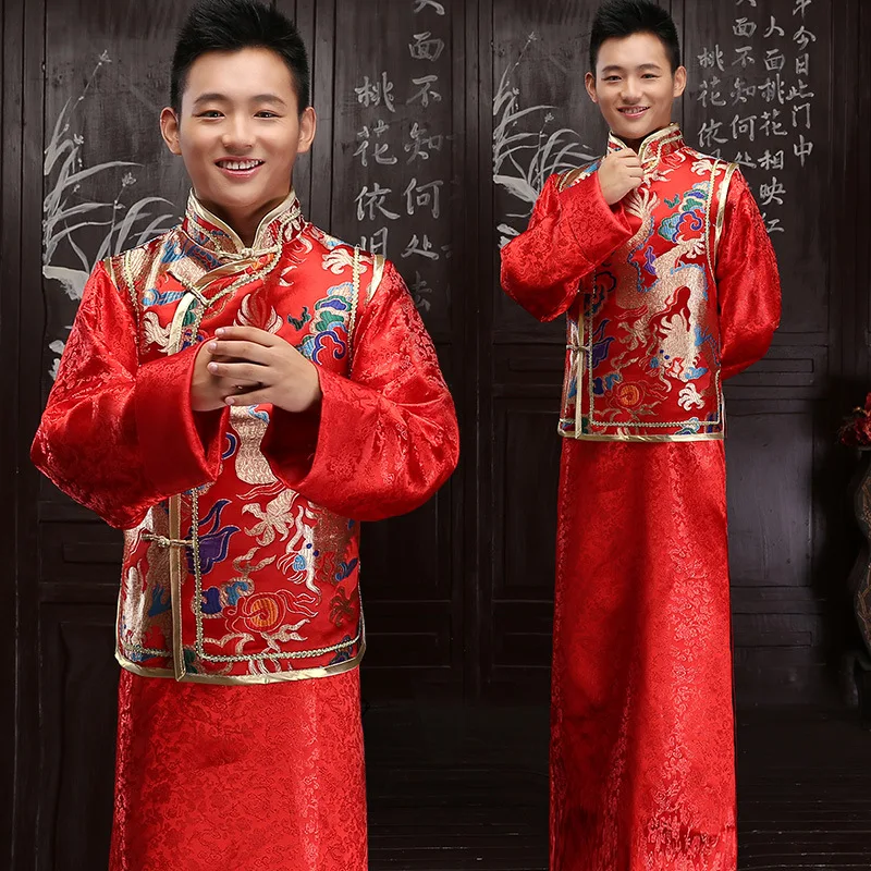 Традиционный красный китайский платье Дракон длинный халат выросли Тан Костюм Традиционный китайское платье Для мужчин