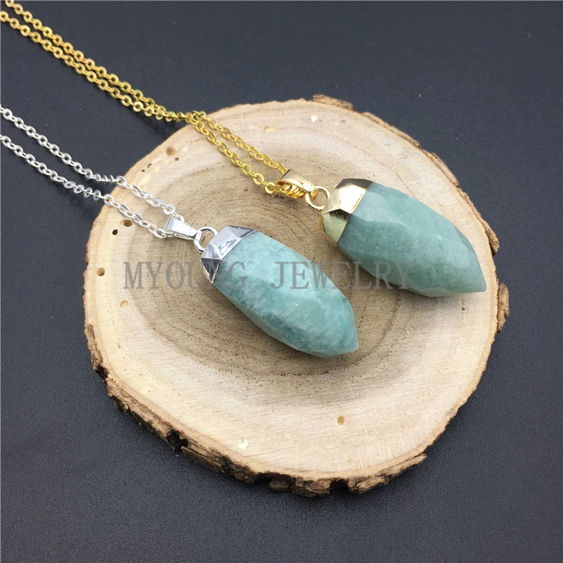 

MY0898 Natural Amazonite Faceted Point Nail Pendant Necklace,Petite Gem Stone Bullet Gold Or Silver Color Necklace kolye