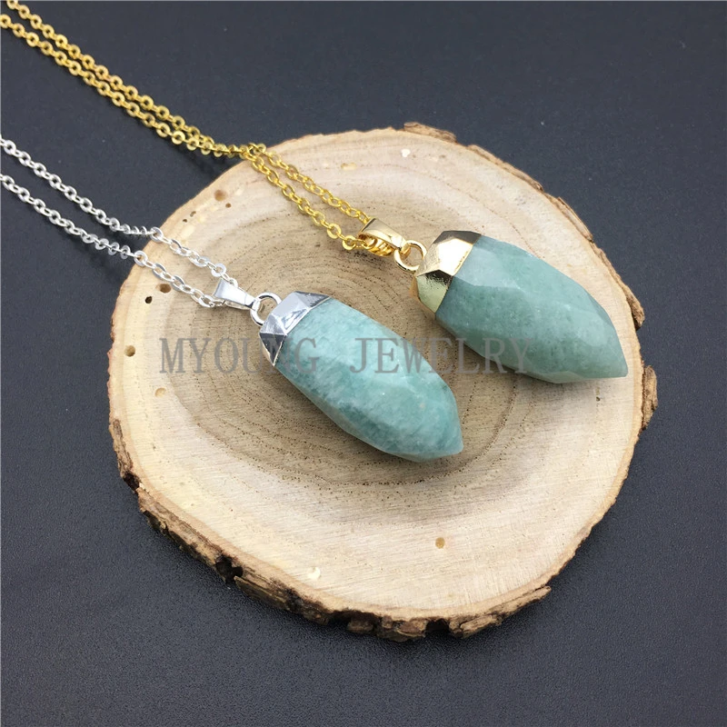 GP08309 Petite Amazonite Pencil Point Pendant With Silver Plated Cap And Bail Faceted Amazonite Bullet Spike Pendant Charm