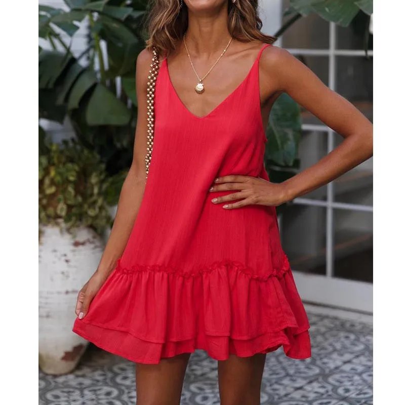 

Nadafair Spaghetti Strap Straight Dress Red V Neck Women Ruffle Backless Summer Dress 2019 Casual Loose Beach Mini Dresses Femme