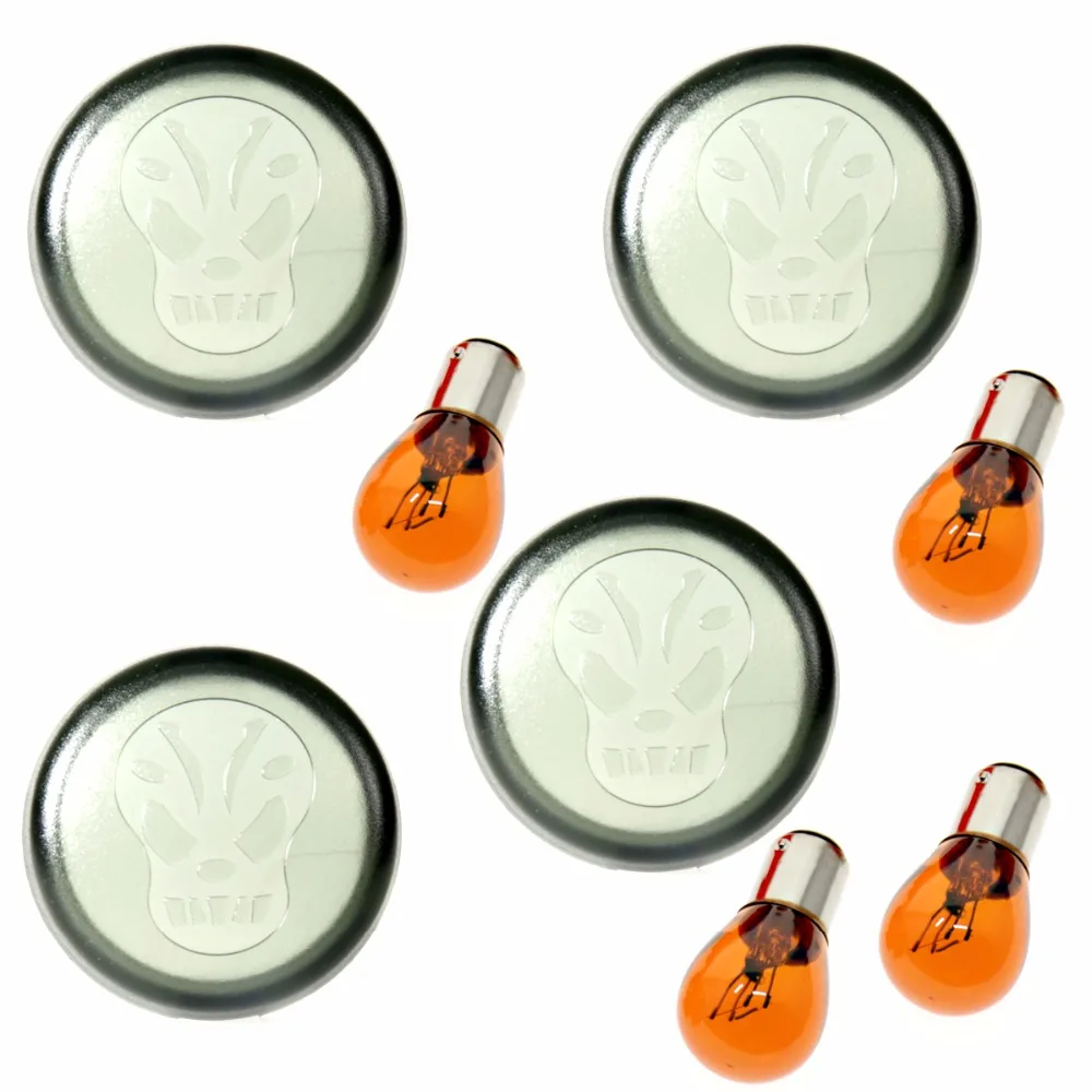 4X Rudyness Skull Indicatori Di Direzione Luce Fumo Lente Con La Luce Della Lampadina Per 86-18 Harley Softail Dyna Sportster 883