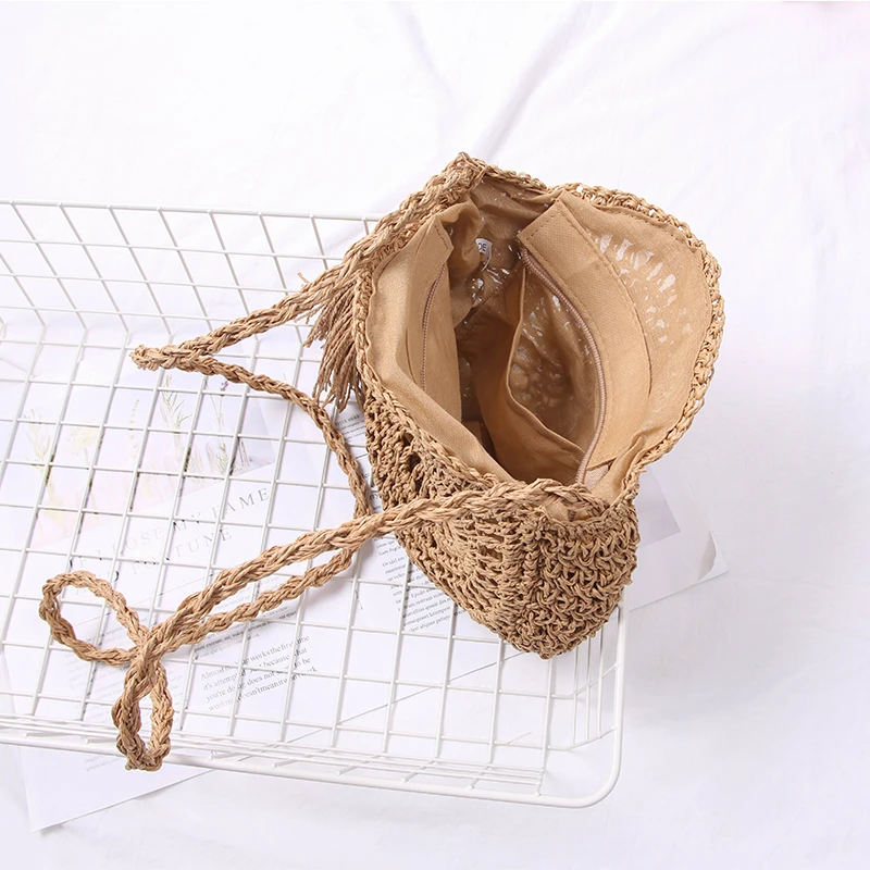 Handmade Bowknot Straw Crossbody Bag Women Hollow Woven Shoulder Bags Knitting Summer Beach Female Circle Tassel Handbags Purse