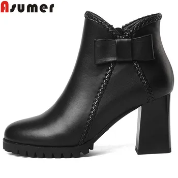 

ASUMER big size 34-41 fashion autumn winter boots women round toe zip genuine leather boots thick high heels ankle boots
