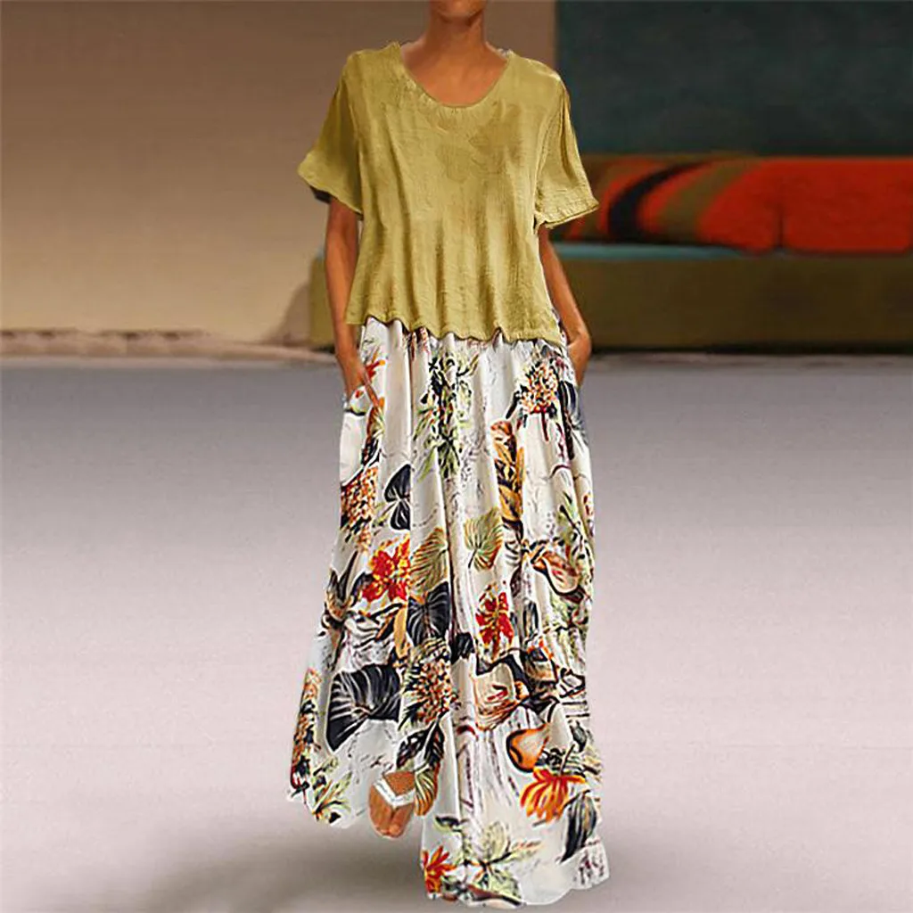 Женское винтажное Макси-платье размера плюс, комплект из двух частей, Длинные свободные льняные платья в стиле пэчворк, с круглым вырезом, с коротким рукавом, Dreaped Vestidos