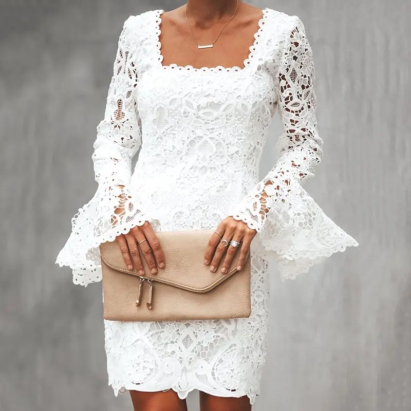 Летнее сексуальное Белое простое пляжное женское мини-платье в стиле бохо для путешествий,, облегающее платье с расклешенными рукавами, Простые Вечерние платья, милое кружевное платье с открытой спиной