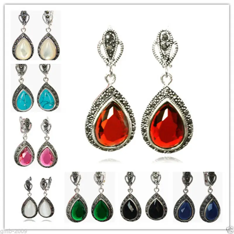 

8 Choices 925 Silver Gems&Marcasite Waterdrop Earrings 1 1/2