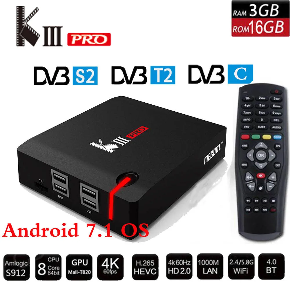 

MECOOL KIII PRO DVB-S2 DVB-T2 DVB-C TV Box Media Player Android 7.1 3GB 16GB Amlogic S912 Octa Core 4K Original Set Top Box