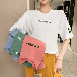 Short Cotton Short Sleeve T-shirt Women 2019 New Loose High-waist Printed Letter Open-forked Topcoat Short Cotton Short Sleeve T-shirt Women 2019 New Loose High-waist Printed Letter Open-forked Topcoat