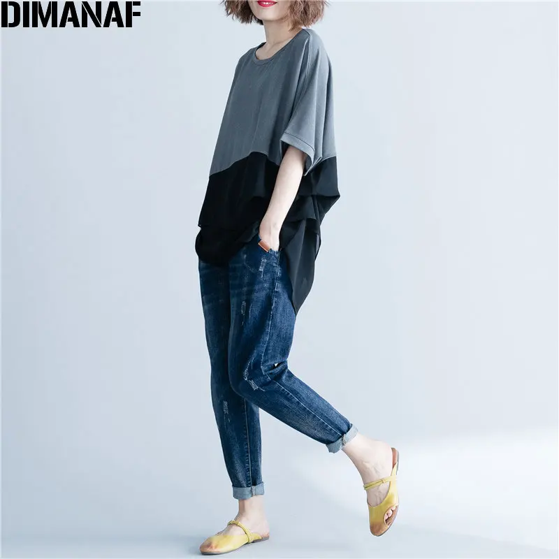 DIMANAF Women T-Shirt Summer Plus Size Chiffon Patchwork Elegant Oversized Irregular Basic Tops Female Casual Loose Tees Shirt