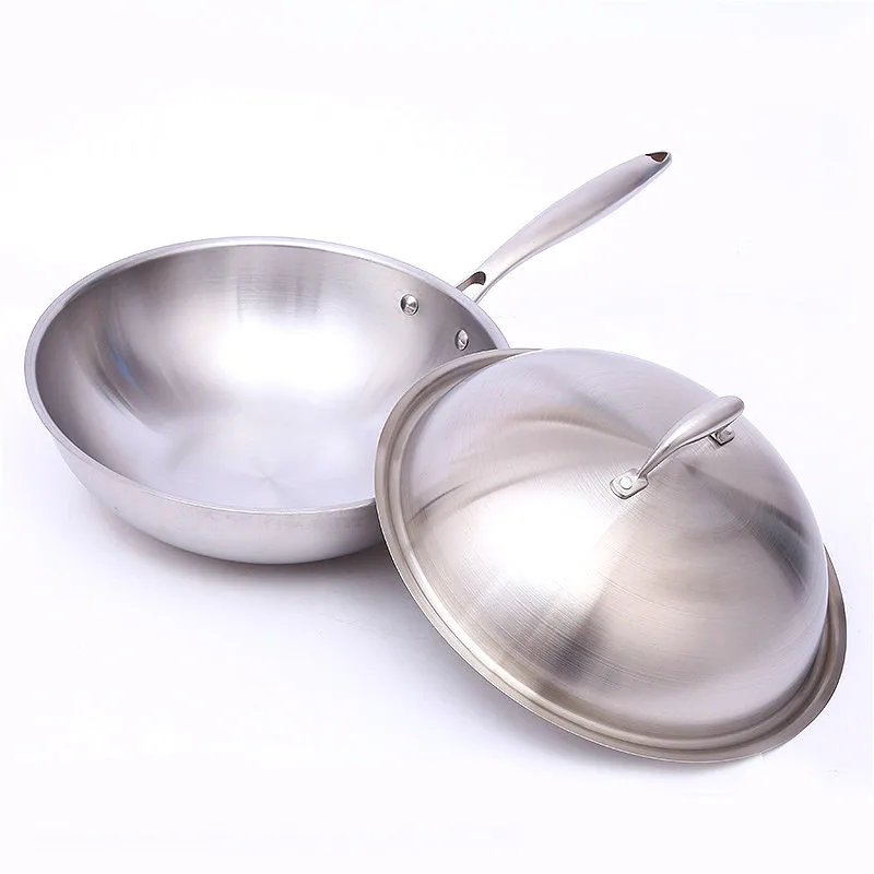 

32cm Stainless Steel Woks non-stick No Lampblack Non-coating with Cover Kitchen Cookware Use for Induction Cooker Gas