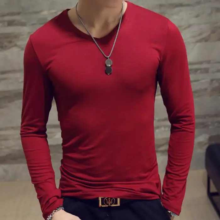 Men Autumn T-shirts Long Sleeves V Neck Pullover Slim Fit Casual Minimalist Male Tops XIN-Shipping