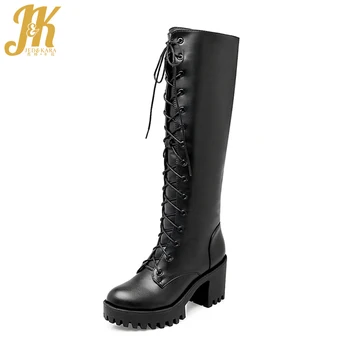 

JK Winter Knee High Women Ankle Boots Pu Round Toe Footwear Cross Tied Short Plush Fashion Female Shoes New Platform Boots Shoes