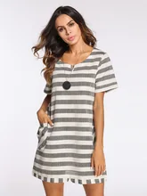

New Women Retro Style Cotton Hemp Striped Dress Ladies Elegant Fashion Dress Stripe Cotton Dress
