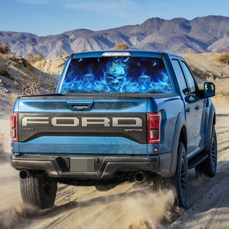 High Quality Car Truck Blue Flaming Skull Rear Window Decal Tint Graphic Sticker