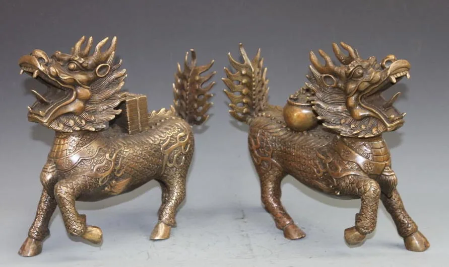 

FREE Shipping 12 inch China Bronze Copper Feng Shui Wealth Treasure bowl Fu Dog Lion kylin Statue pair